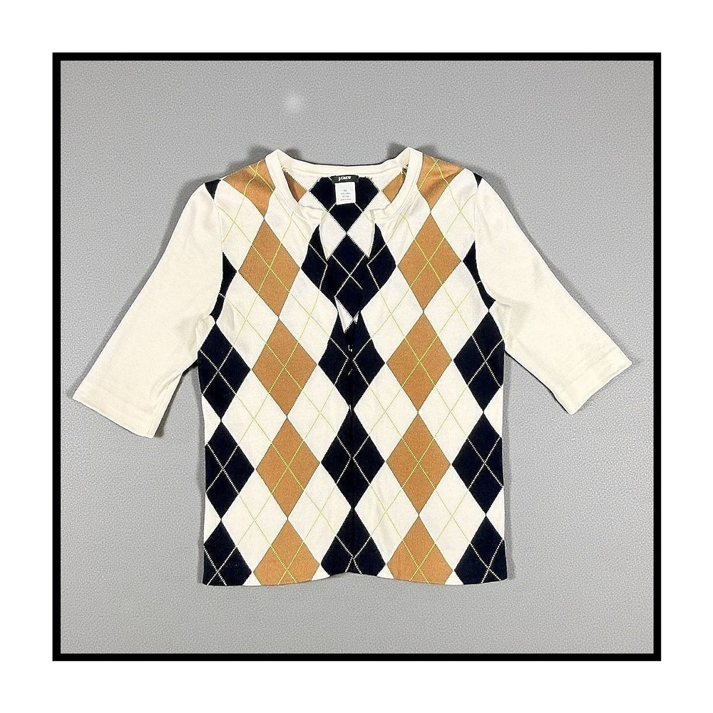 J.CREW Argyle Cardigan Sweater Y2K 2007 Preppy Academia Fitted Cotton Womens XS